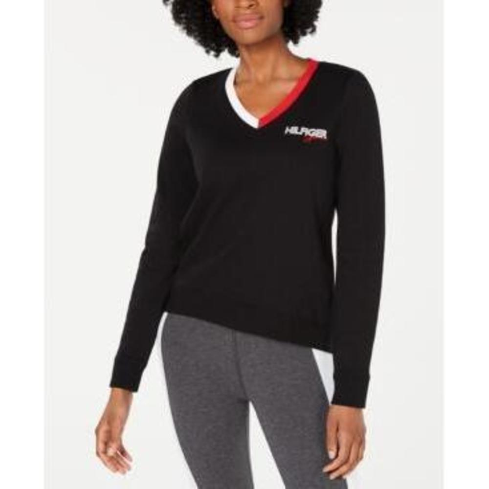 Tommy Hilfiger Women's Black Sport Varsity V-Neck Sweatshirt M